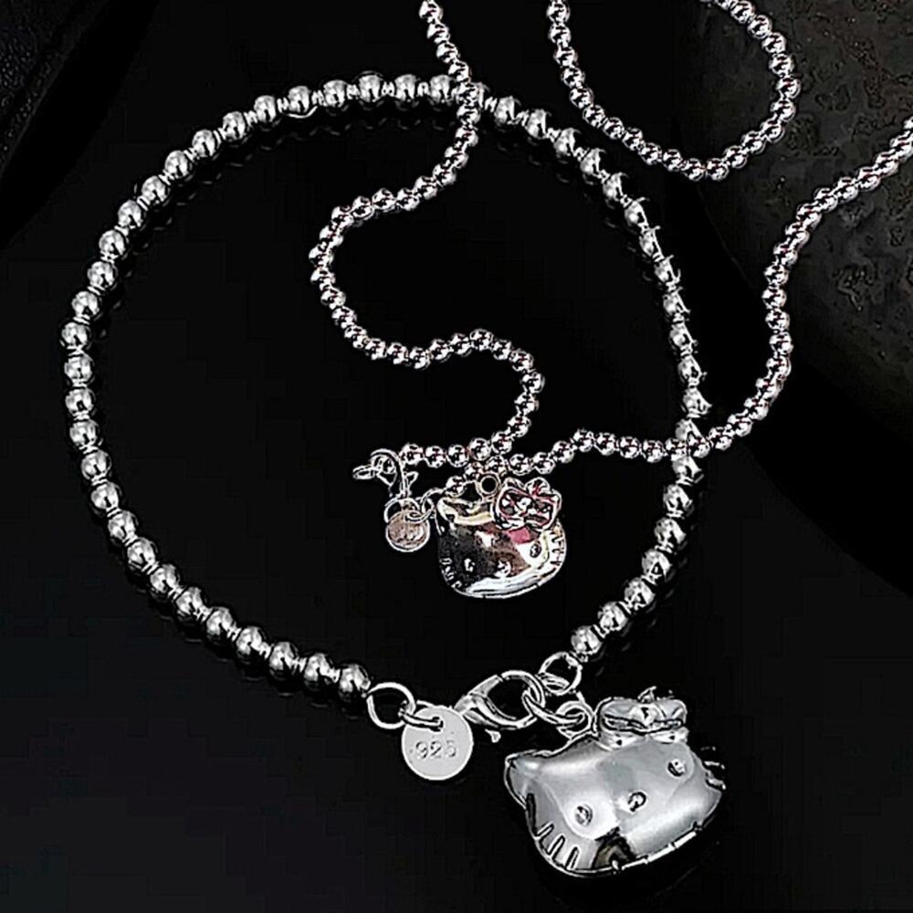 Hello Kitty Sterling Silver Beaded Bracelet Necklace Set